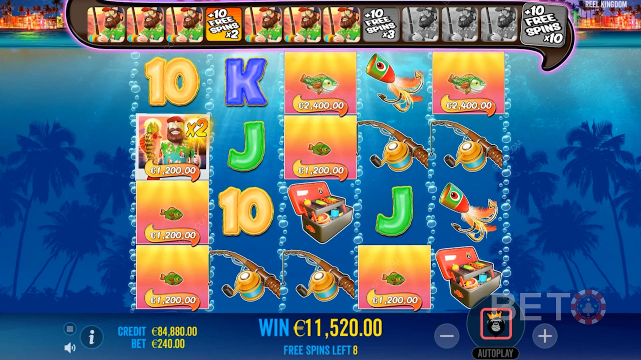 يدور Land Wilds و retrigger Free في فتحة Bigger Bass Bonanza