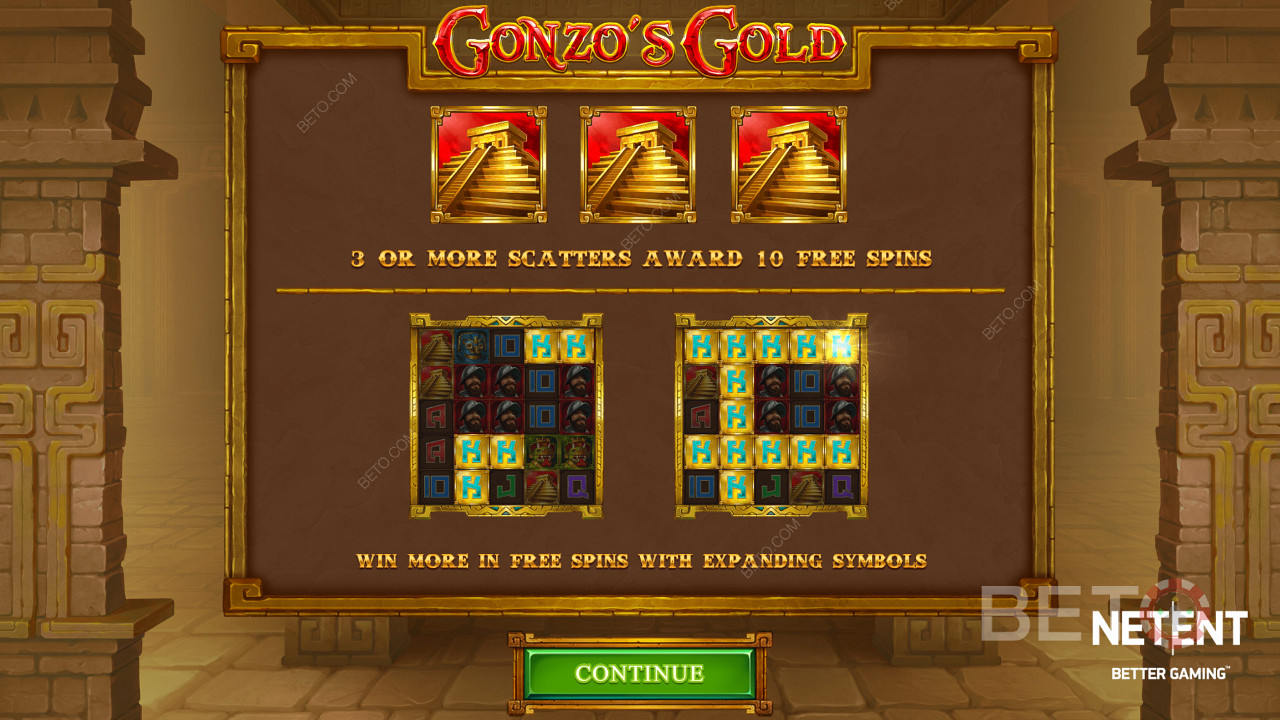 استمتع بالدورات المجانية مع الرموز المتوسعة والمدفوعات العنقودية في فتحة Gonzo