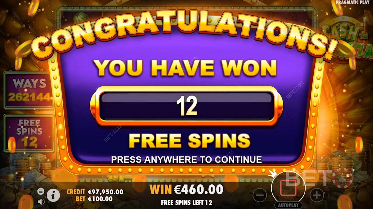 الفوز بـ 12 دورة مجانية في Cash Bonanza