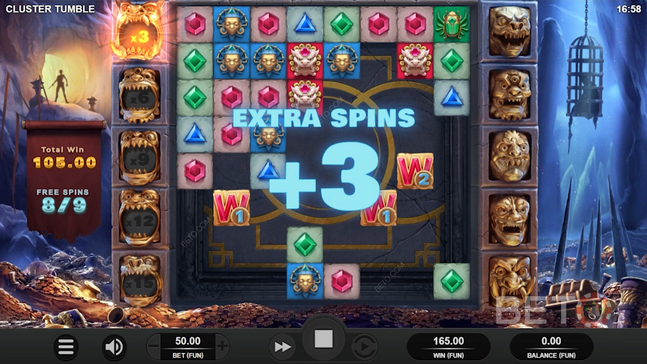 ضع رمزًا مبعثرًا واحدًا آخر أثناء جولة Free Spins واحصل على 3 دورات إضافية إضافية