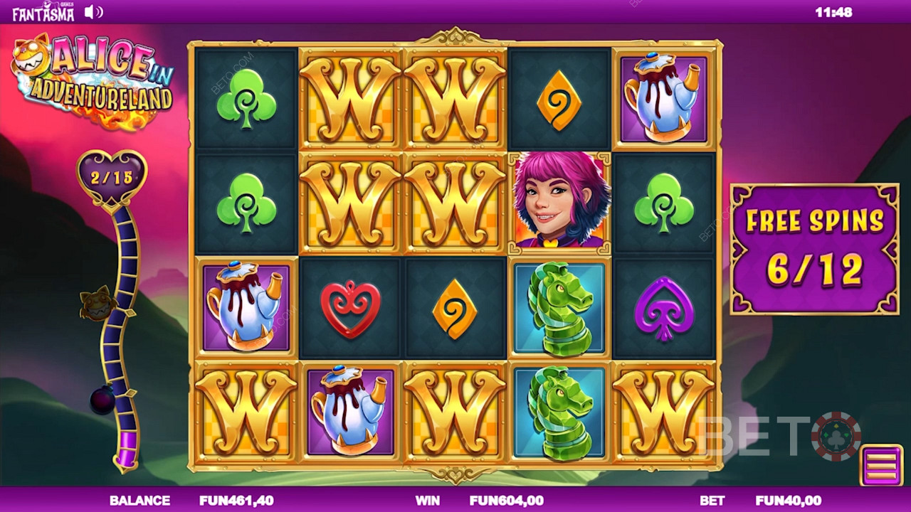قم بإنشاء مجموعات فائزة سهلة من خلال Free Spins في لعبة Alice في لعبة Slot Online Adventureland