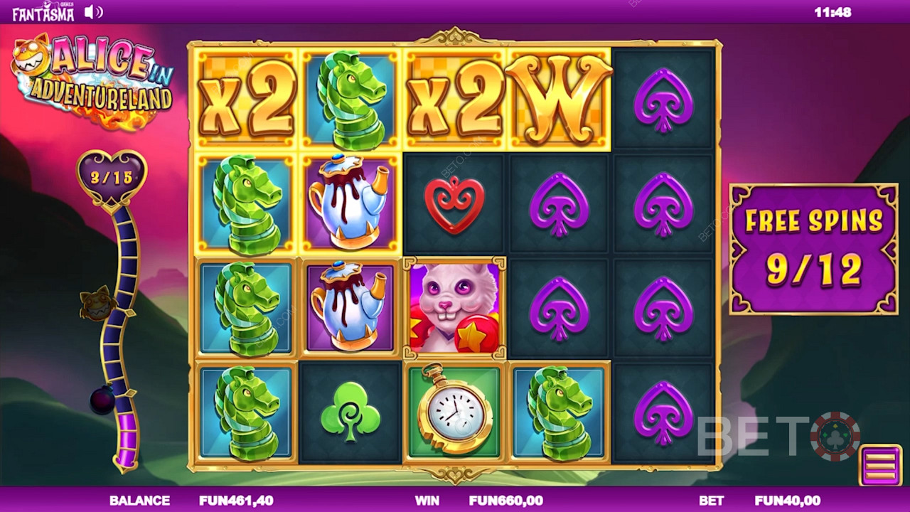 استمتع بـ Free Spins و Rocketkat و Ultrabomb وميزات أخرى في Alice في فتحة Adventureland