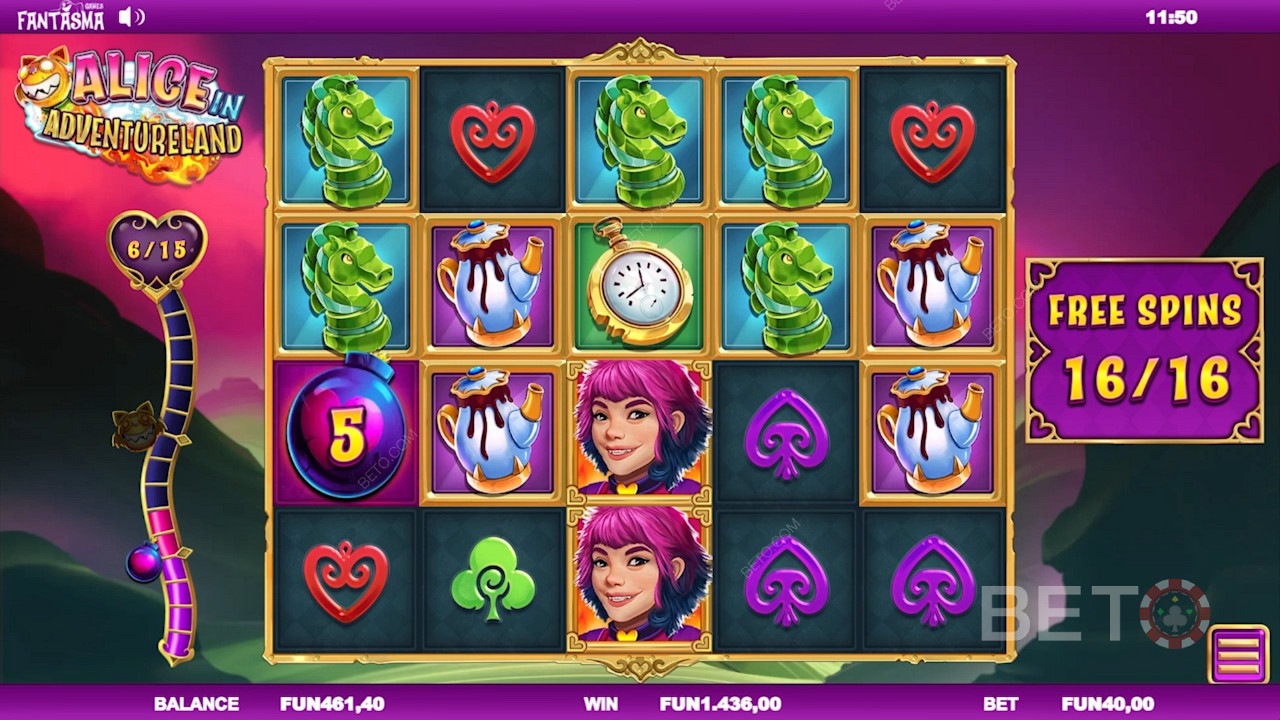 اجمع المبعثرات وقم بتنشيط الميزات في Free Spins في Alice في فتحة Adventureland