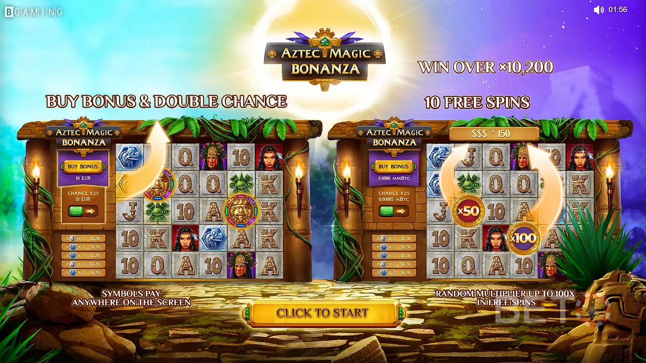استمتع بمكافأة الشراء والفرصة المزدوجة والدورات المجانية في Aztec Magic Bonanza