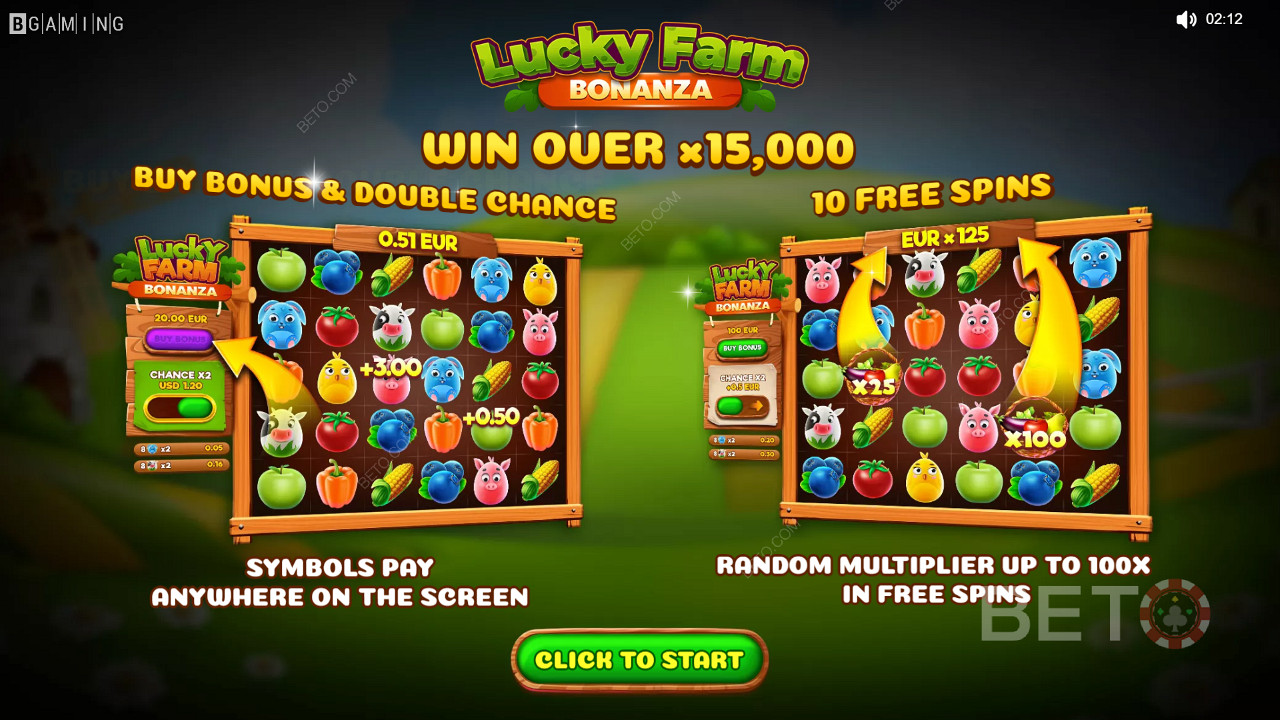 استمتع بالمضاعفات والفرصة المزدوجة واللفات المجانية في لعبة كازينو Lucky Farm Bonanza