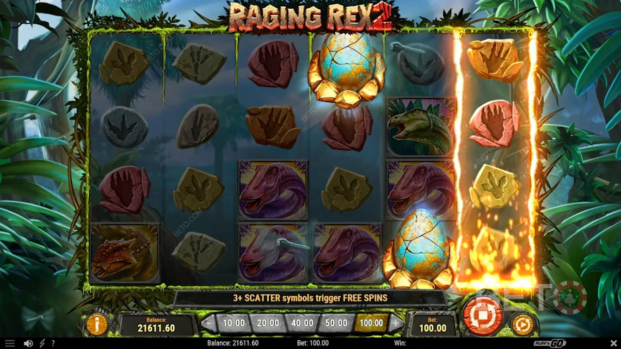 مطلوب ما لا يقل عن 3 مفارز إطلاق لتشغيل الدورات المجانية في فتحة Raging Rex 2