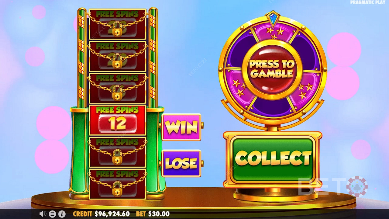 قم بتدوير العجلة في ميزة Gamble لإلغاء تأمين الدورات المجانية الإضافية