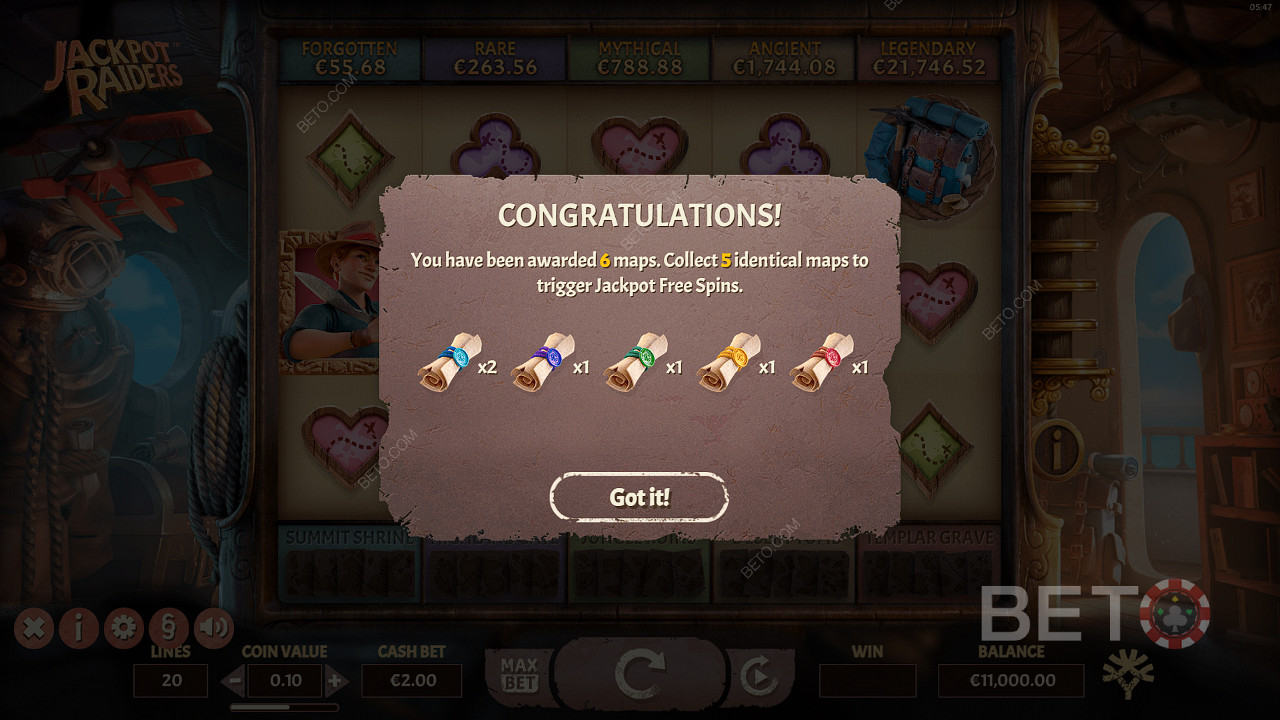 اجمع خمس خرائط مجموعات متشابهة في Bonus Games للحصول على فرصة للفوز بجوائز Jackpot
