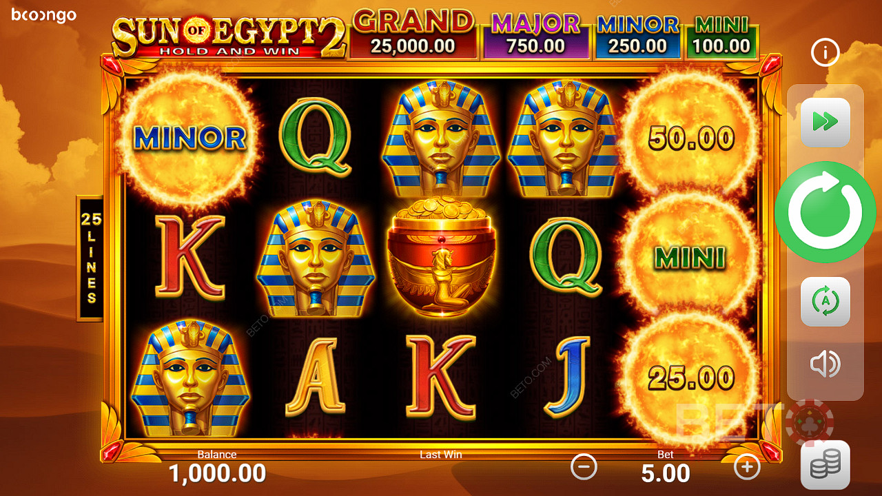 ستة رموز إضافية أو أكثر تؤدي إلى تشغيل لعبة Bonus Game in the Sun of Egypt 2