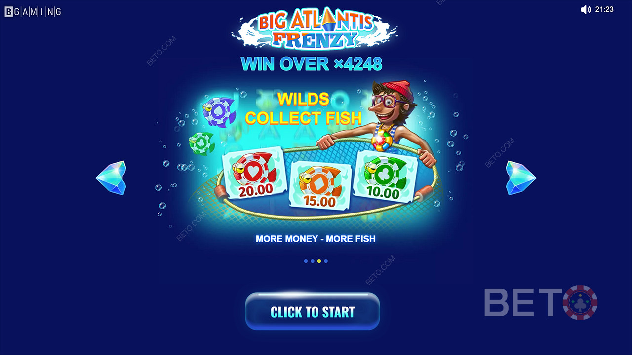 تجمع الرموز البرية رموز الأسماك وتحصل على جوائز في فتحة Big Atlantis Frenzy