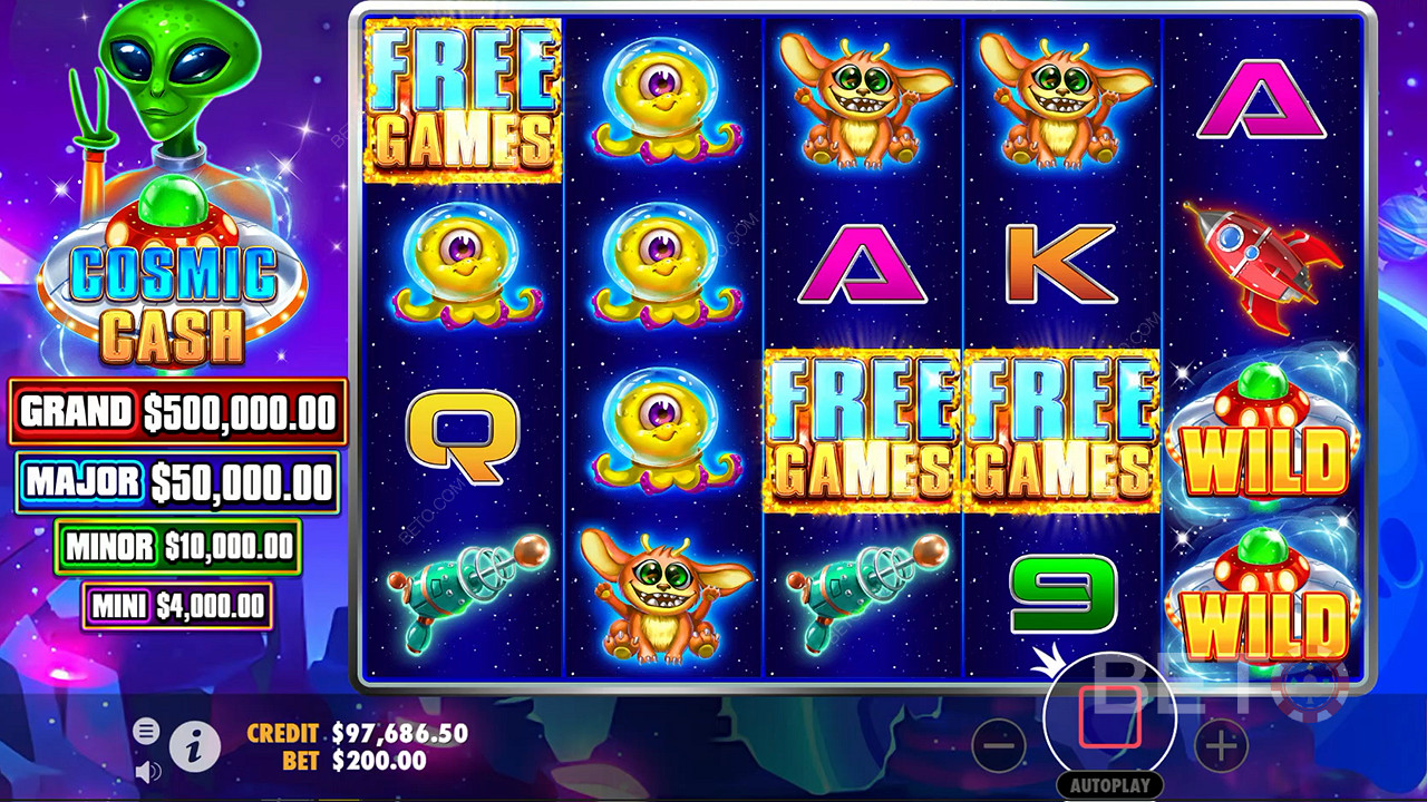 ضع 3 نقاط مبعثرة أو أكثر لتشغيل ميزة Free Spins في فتحة Cosmic Cash