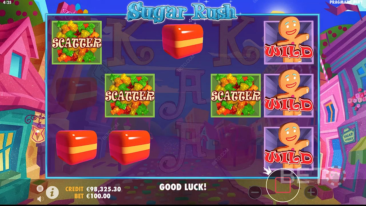يتم تنشيط اللفات المجانية عن طريق هبوط ما لا يقل عن 3 نقاط مبعثرة في لعبة سلوت Sugar Rush