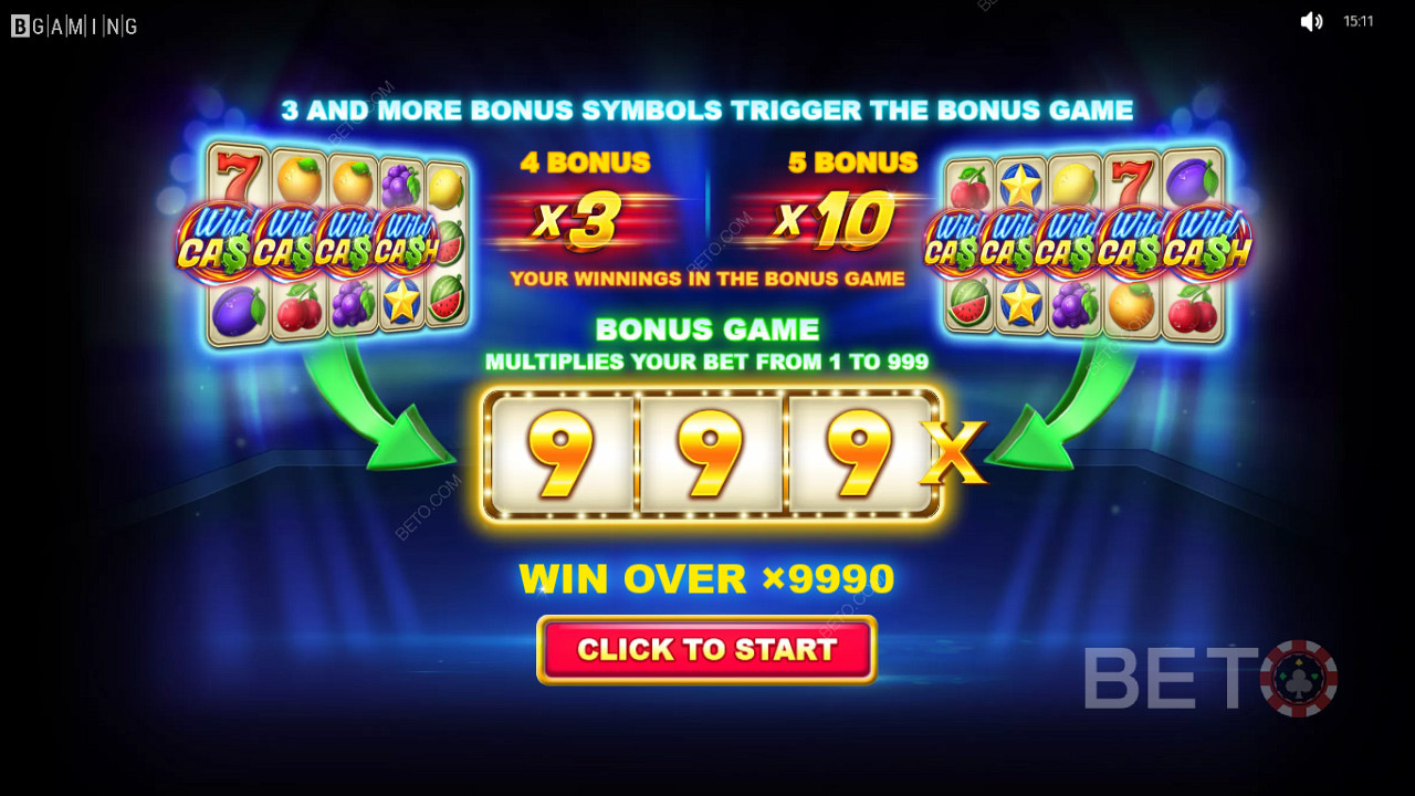 استمتع بحد أقصى لربح يبلغ 9990 ضعفًا من حصتك في ماكينة القمار Wild Cash x9990