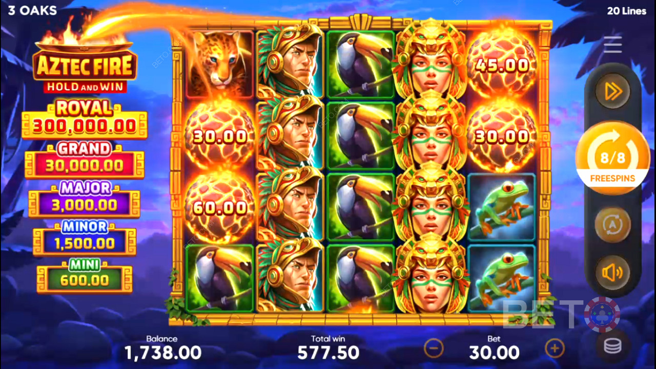 استمتع فقط بالرموز عالية الأجور في Free Spins في Aztec Fire: Hold and Win slot