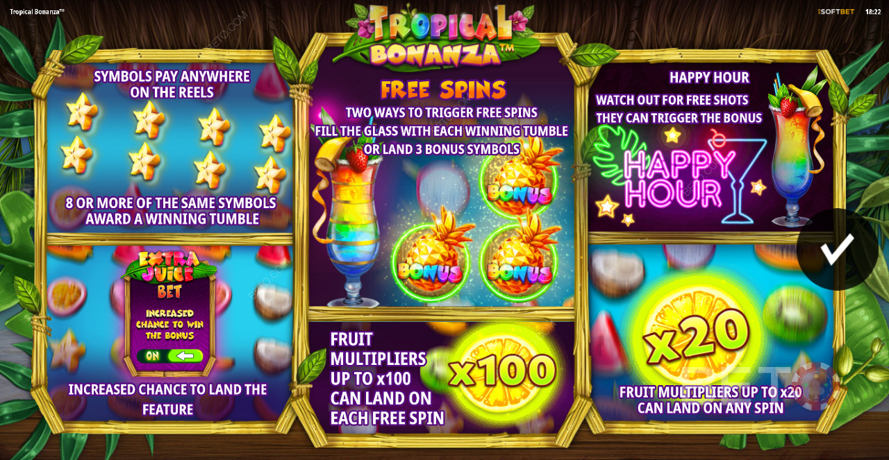 استمتع بالدورات المجانية مع المضاعفات والمعدلات والانتصارات المتفرقة في Tropical Bonanza