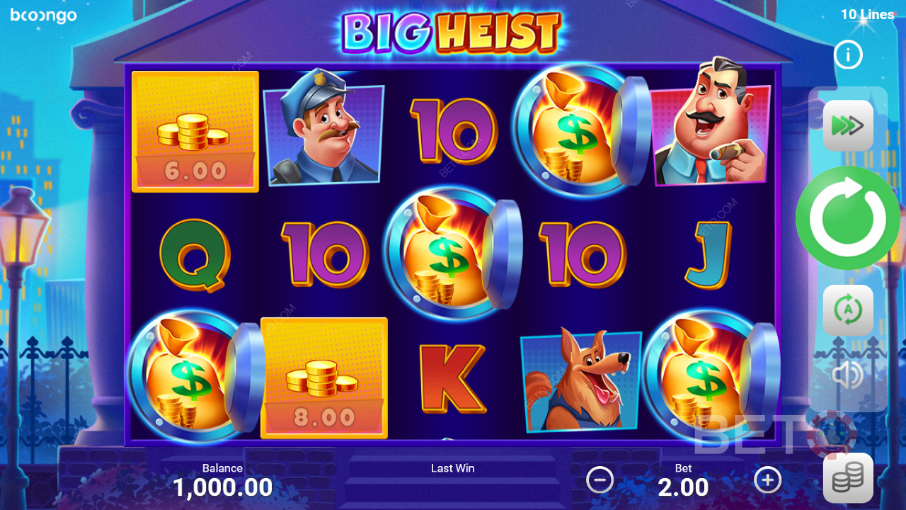 Big Heist هي مواجهة ضد جميع الرهانات عبر شبكة 5x3 و 10 خطوط دفع ثابتة