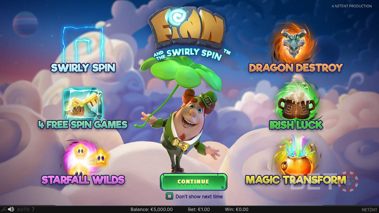 استمتع بمجموعة واسعة من الميزات المثيرة في Finn و Swirly Spin على الإنترنت