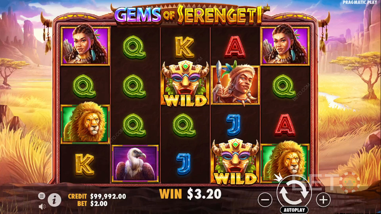 استمتع بالرسومات والموضوعات الجميلة في لعبة سلوت Gems of Serengeti عبر الإنترنت
